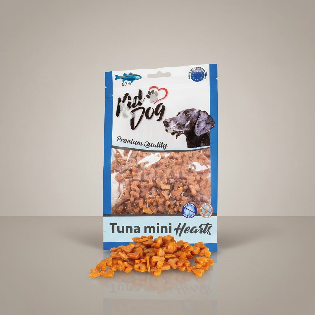 Lupiora KidDog Thunfisch Mini-Herzen Leckerlis für Hunde in der Verpackung mit Sichtfenster