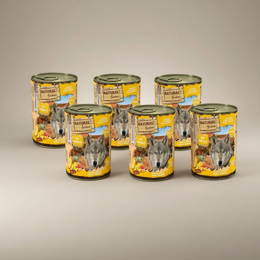 Lupiora Set aus 6 Dosen Natural Greatness Hundefutter mit Känguru, Ananas, Mango und Spirulina für Allergiker.