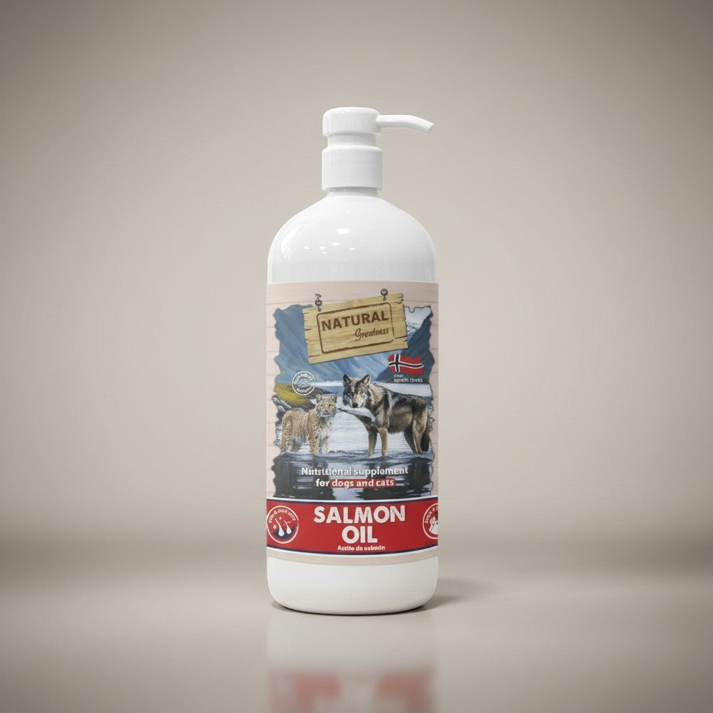 Lupiora Natural Greatness Lachsöl für Hunde und Katzen in weißer Pumpflasche mit norwegischem Lachs-Etikett