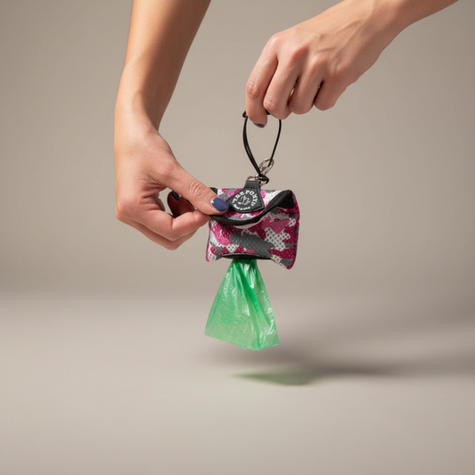 Lupiora TRE PONTI Easy-Clean Kotbeutelspender aus rosa-weißem Camouflage-Netzgewebe mit Karabiner