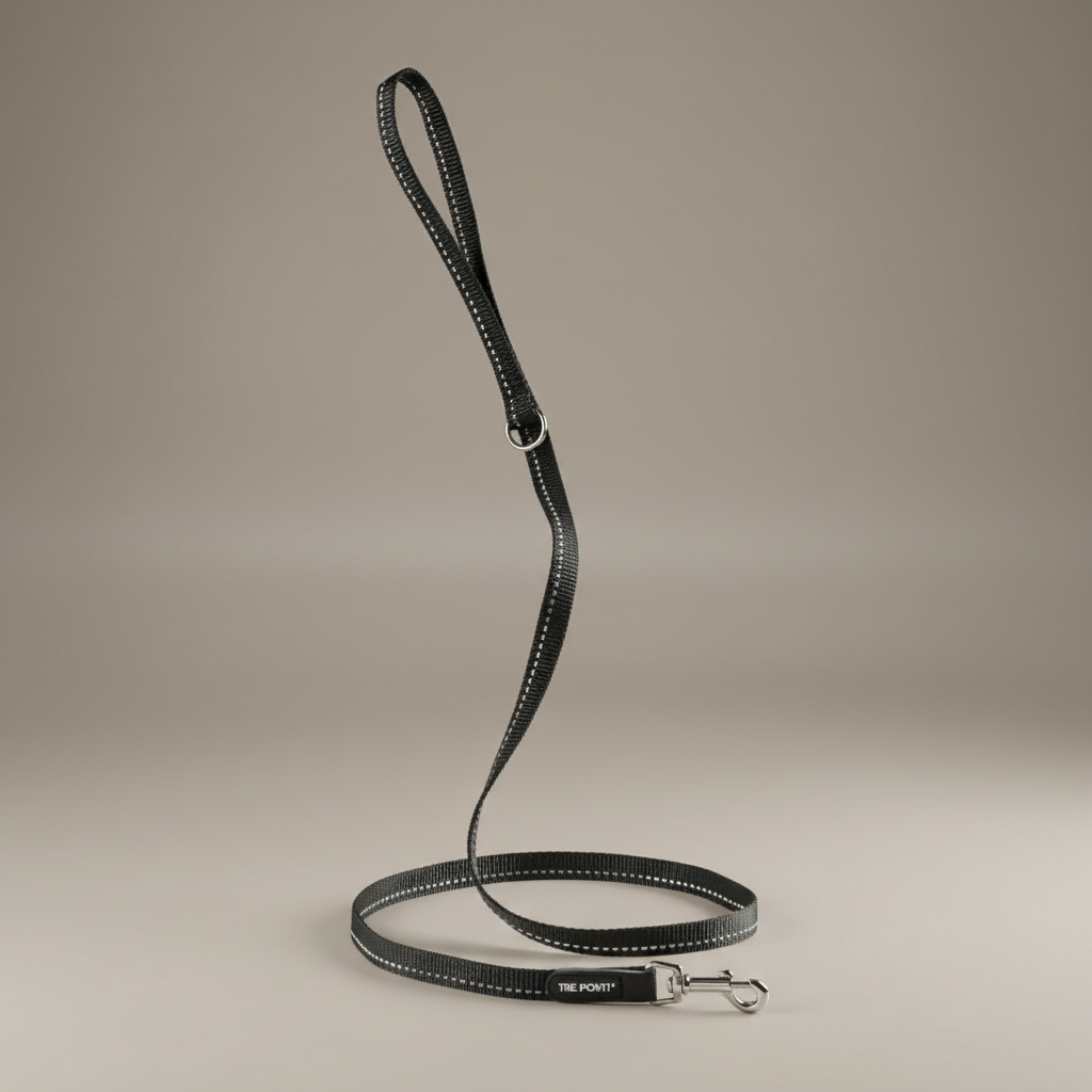 Lupiora Tre Ponti Classic reflektierende schwarze Hundeleine aus strapazierfähigem Schlauchgurtband mit Metallkarabiner