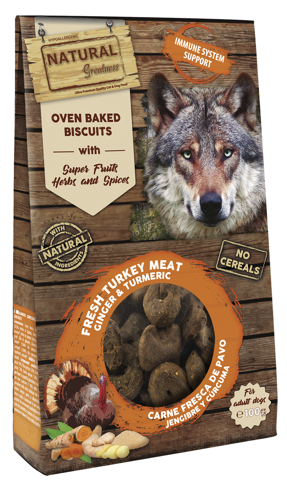 NATURAL GREATNESS Leckerlie, im Ofen gebacken, zur Unterstützung des Immunsystems, 100g (Truthahn, Ingwer, Kurkuma))
