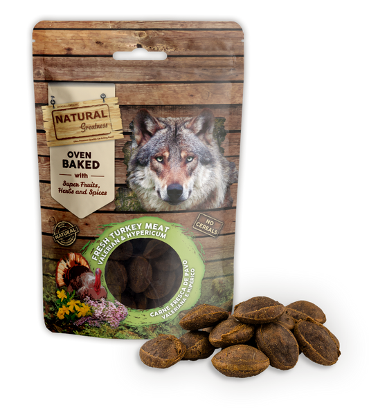 NATURAL GREATNESS Leckerlie, im Ofen gebacken, beruhigende Wirkung, 100g (Truthahn, Baldrian, Johanniskraut)