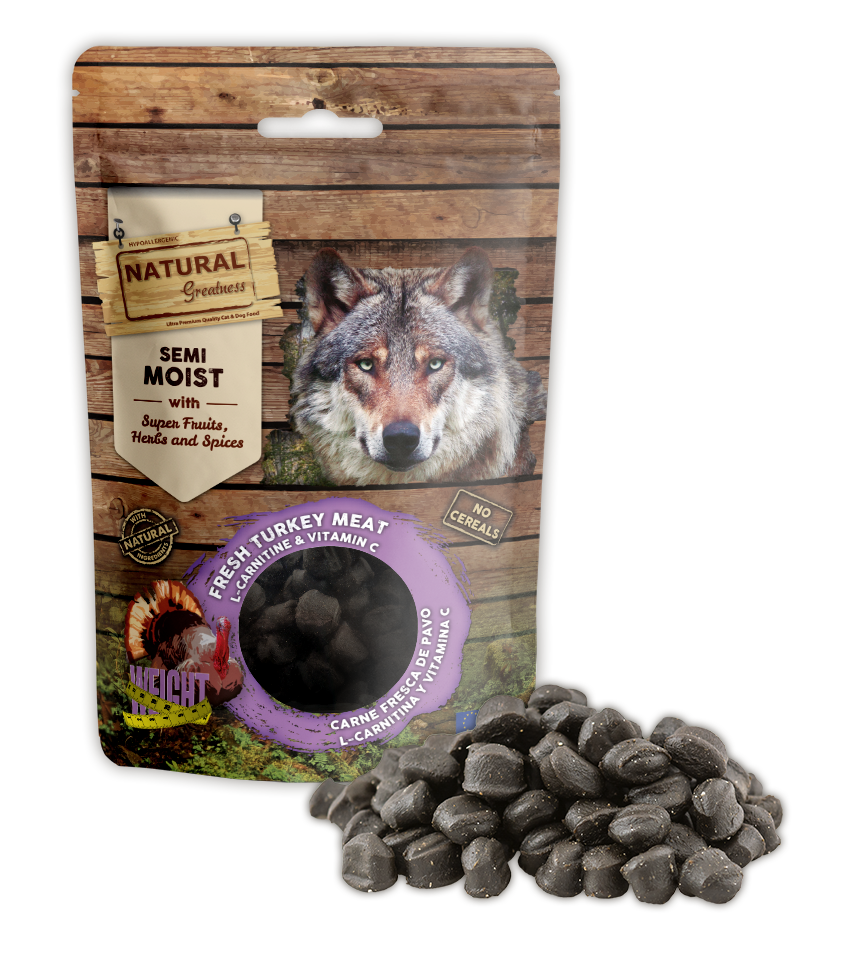 NATURAL GREATNESS Saftiger Snack (Bites), zur Gewichtsunterstützung, 150 g (Truthahn, L-Carnitin und Vitamin C)