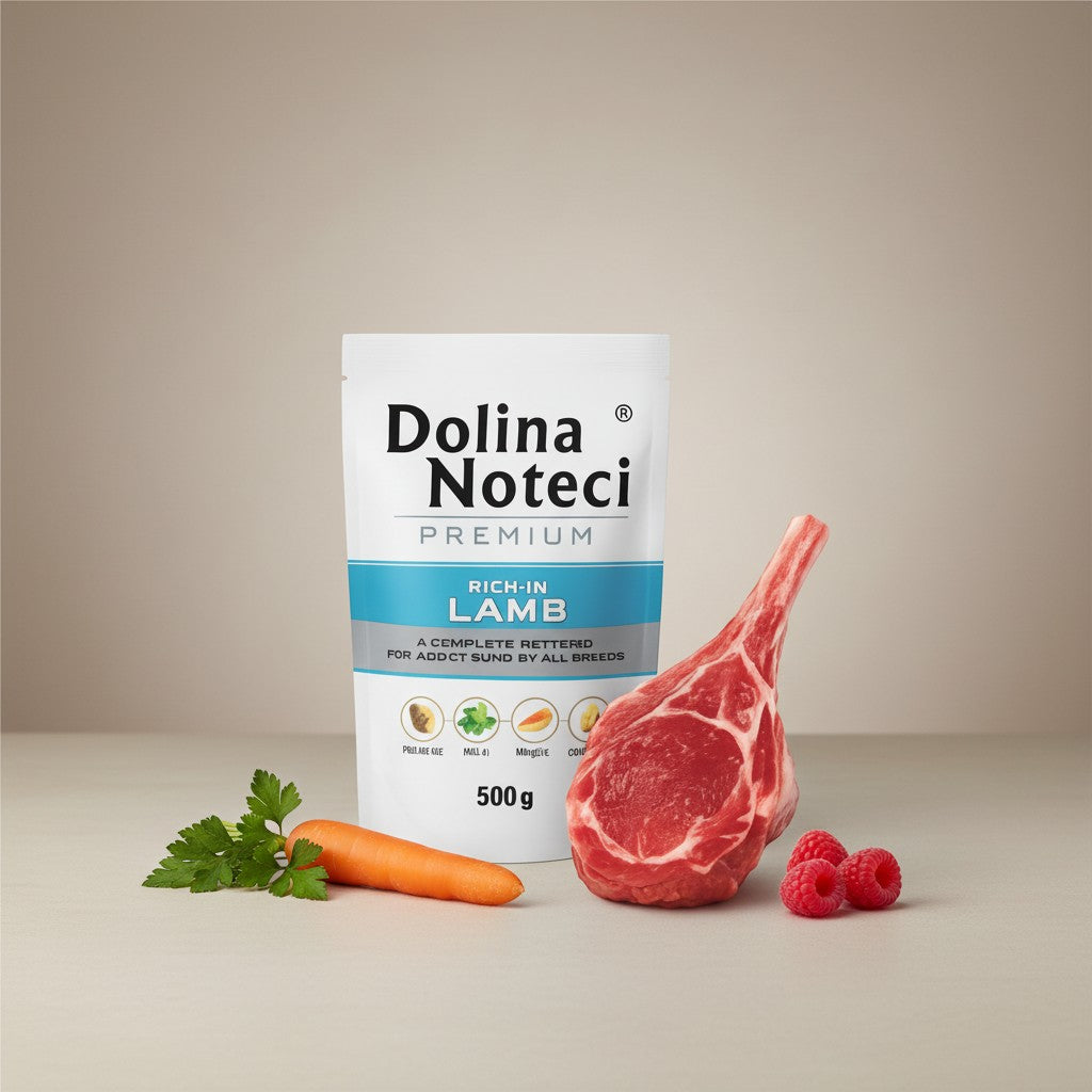 Lupiora Dolina Noteci Premium Nassfutter mit Lamm, Karotten und Basilikum im 500g Beutel für Hunde.