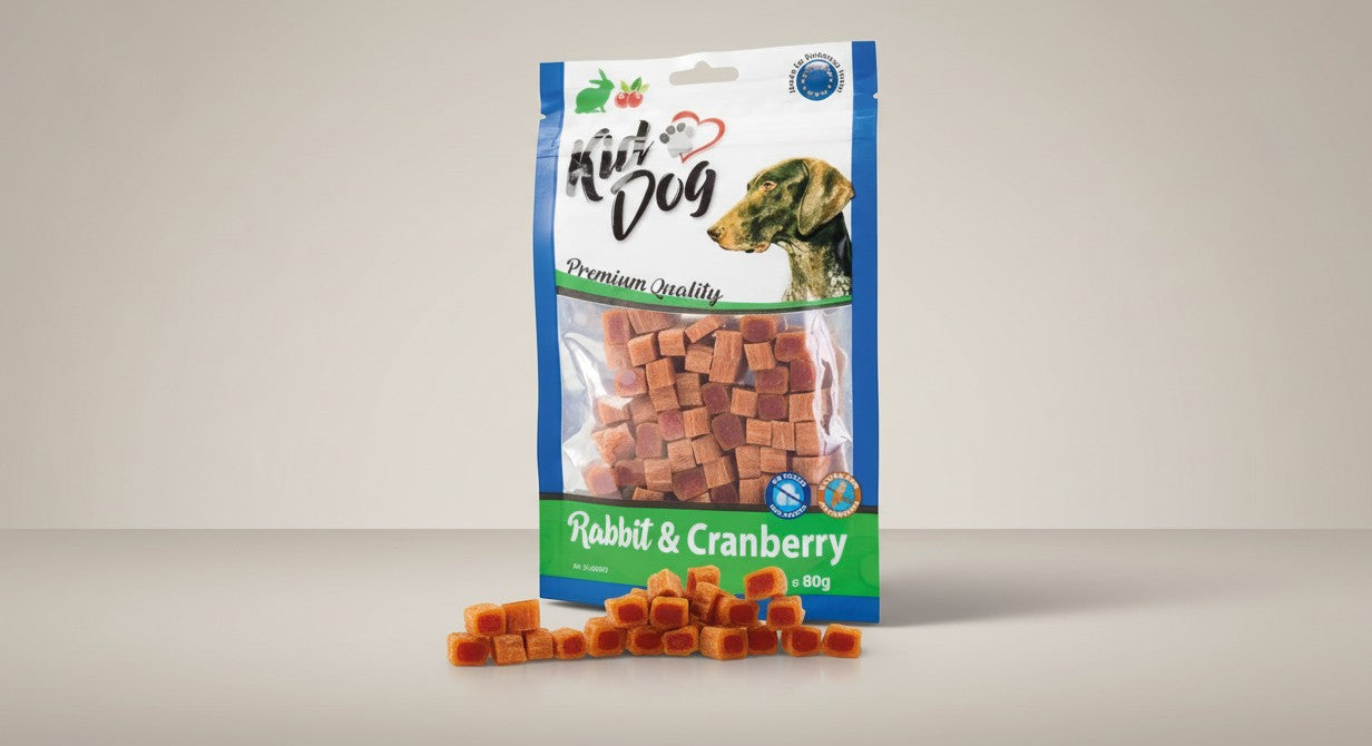 Lupiora Hasen- und Preiselbeerwürfel als getreidefreie Hundeleckerlis in der 80g Packung für das Training.