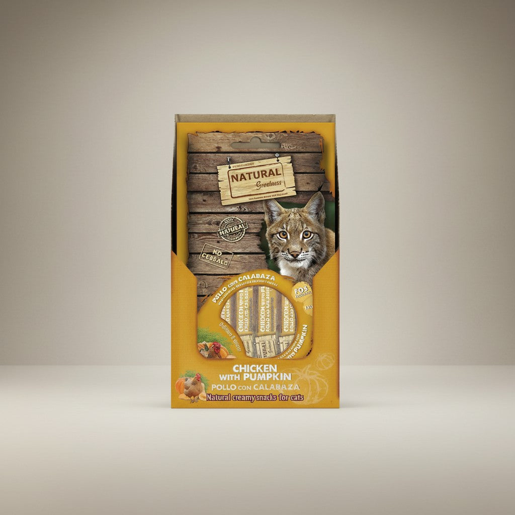 Lupiora Katzen-Snacks mit Huhn und Kürbis in einer gelben Verpackung mit Luchs-Motiv