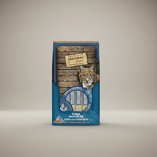 Lupiora natürliche cremige Katzensnacks mit Thunfisch und Krabben in einer blauen Verpackung mit Luchs-Motiv