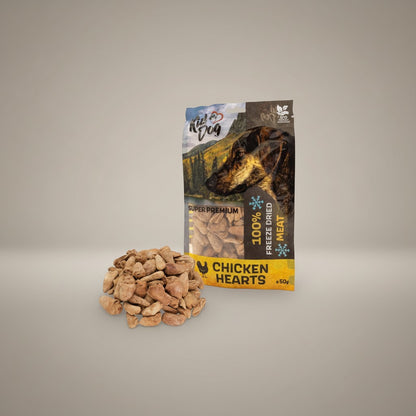 Lupiora KIDDOG gefriergetrocknete Hühnerherzen als getreidefreier Snack für Hunde im praktischen Druckverschlussbeutel