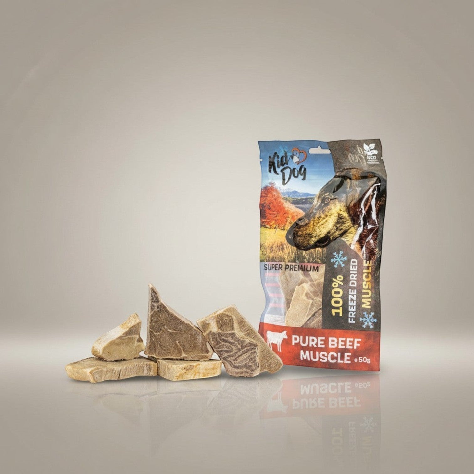 Lupiora KIDDOG gefriergetrocknete Rindfleisch-Leckerlis für Hunde in wiederverschließbarer Verpackung