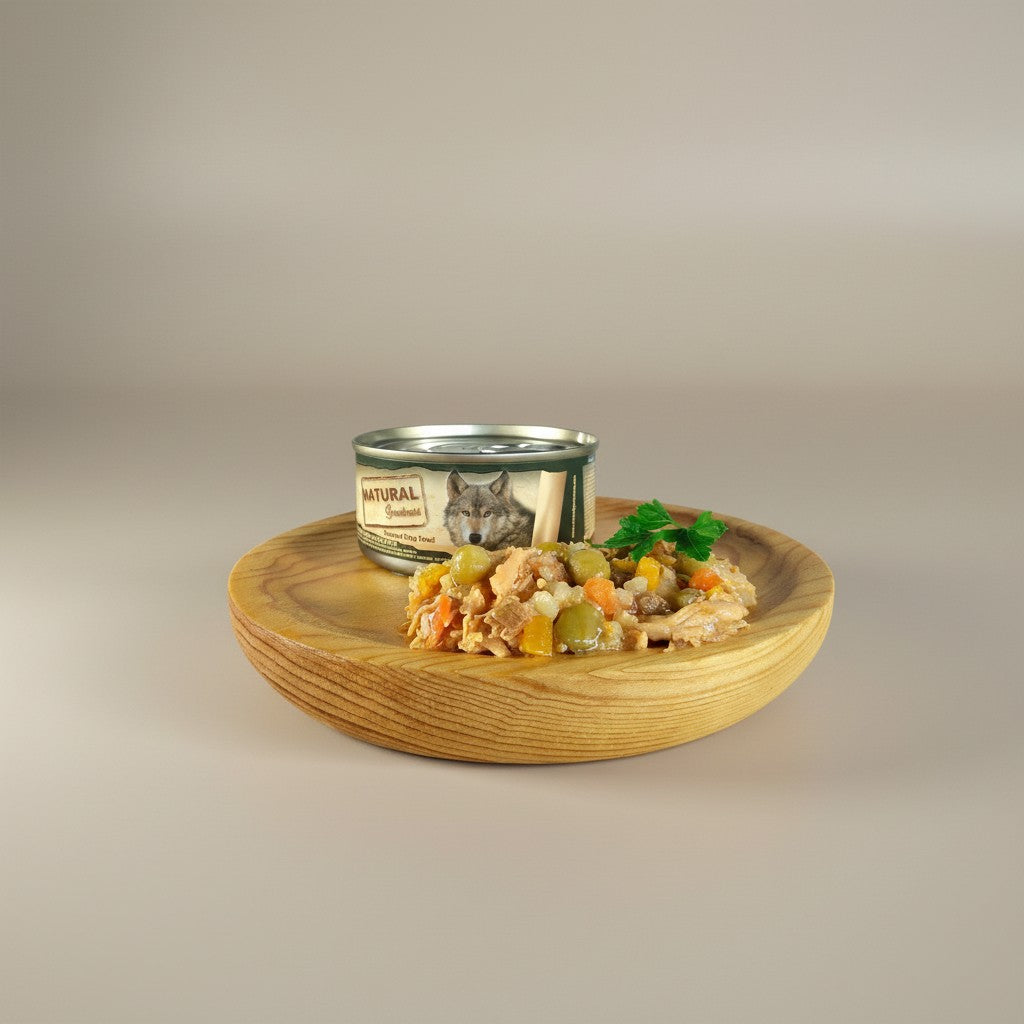 Lupiora NATURAL GREATNESS Hundenassfutter mit Hühnchenbrust, Rinderleber und Gemüse auf einem Holzteller serviert