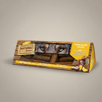 Lupiora Natural Greatness Hundeleckerlis mit Pute, Ananas und Kokosnuss in getreidefreier, ofengebackener Riegelform.