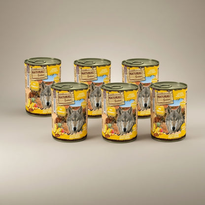 Lupiora Set aus 6 Dosen Natural Greatness Hundefutter mit Känguru, Ananas, Mango und Spirulina für Allergiker.