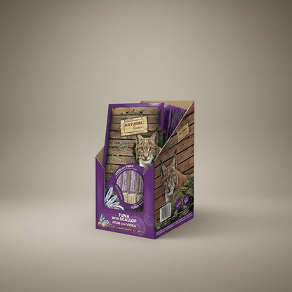 Lupiora Natural Greatness Katzen-Snack Thunfisch und Jakobsmuschel Creme zur Gehirnunterstützung im Verkaufsdisplay