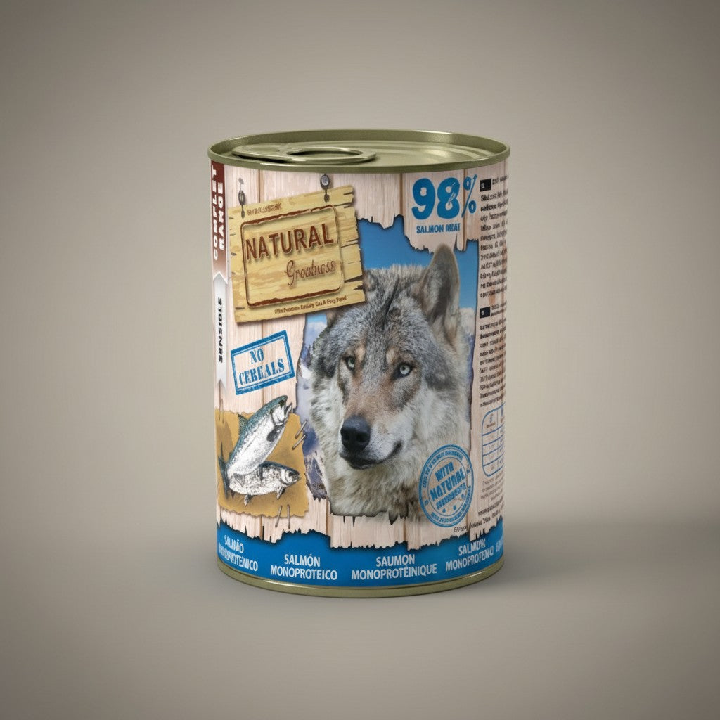 Lupiora Natural Greatness Lachs Monoprotein Hundefutter Dose mit Wolfsmotiv für sensible Hunde ohne Getreide