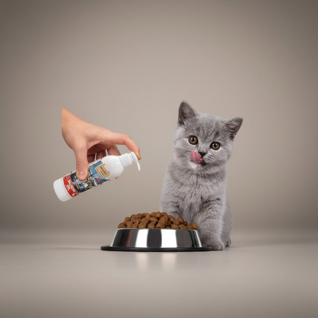 Lupiora Natural Greatness Lachsöl für Hunde und Katzen, wird mit Pumpe über Trockenfutter für ein Kätzchen dosiert.