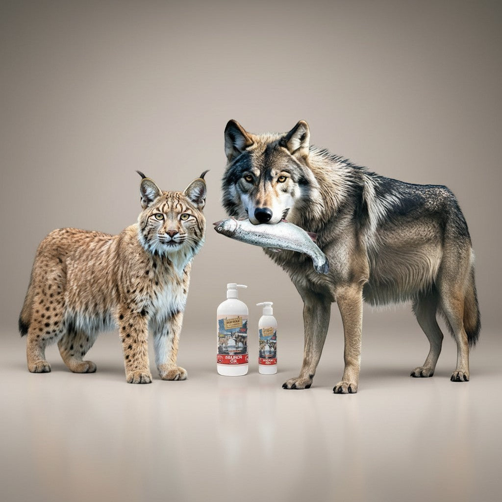 Lupiora Natural Greatness Lachsöl für Hunde und Katzen mit Omega-3, präsentiert neben einem Wolf und einem Luchs.
