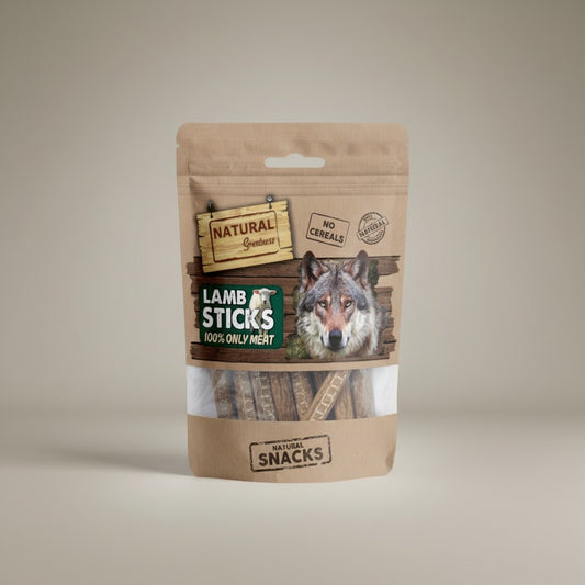 Lupiora NATURAL GREATNESS Lammsticks, getreidefreier Hundesnack aus 100% Lammfleisch in brauner Standbodenbeutel-Verpackung