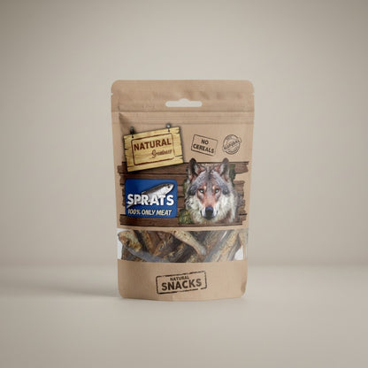 Lupiora Natural Greatness getrocknete Sprotten als getreidefreier Hundesnack in brauner Standbodenbeutel-Verpackung