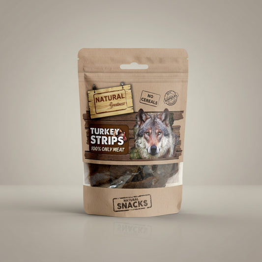 Lupiora Natural Greatness Truthahnstreifen, getreidefreier Hundesnack aus 100% Putenfleisch in brauner Standbeutel-Verpackung