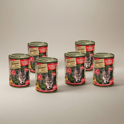 Lupiora Natural Greatness Welpenfutter Set mit Hühnchen, Karotten und Ananas in fünf Dosen für eine gesunde Entwicklung