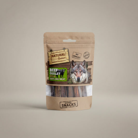 Lupiora NATURAL GREATNESS Rinderkehle Hundesnacks in brauner Standbodenbeutel-Verpackung, getreidefrei und natürlich.