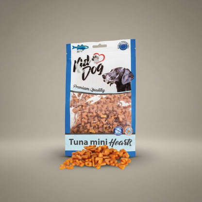 Lupiora Thunfisch Miniherzerl Leckerlis in wiederverschließbarer Tüte, getreidefrei und ideal für Hunde und Katzen.