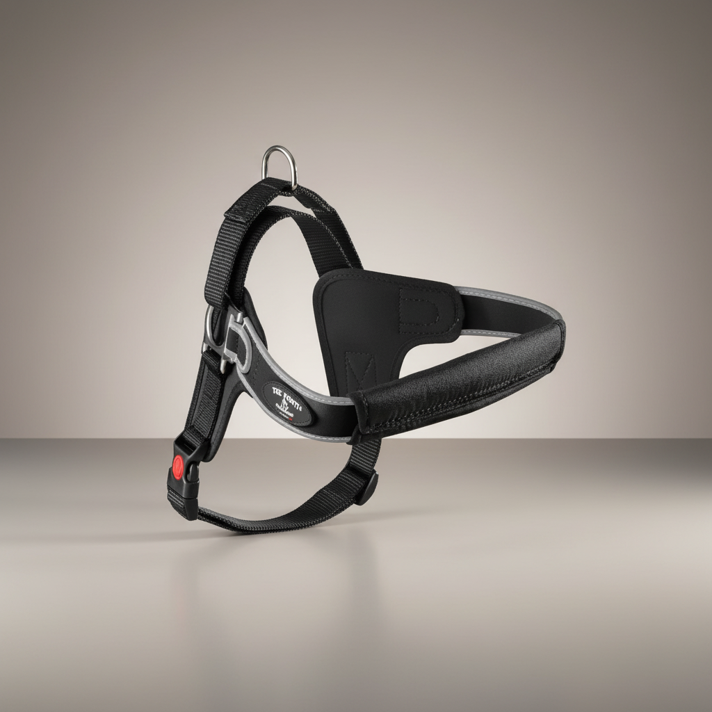 Lupiora TRE PONTI Forza Hundegeschirr in Schwarz mit reflektierendem Rand, verstellbarem Brustgurt und Polsterung.