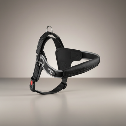 Lupiora TRE PONTI Forza Hundegeschirr in Schwarz mit reflektierendem Rand, verstellbarem Brustgurt und Polsterung.