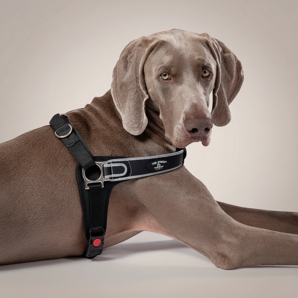 Lupiora TRE PONTI Forza No-Pull Hundegeschirr in Schwarz mit reflektierendem Rand an einem Weimaraner