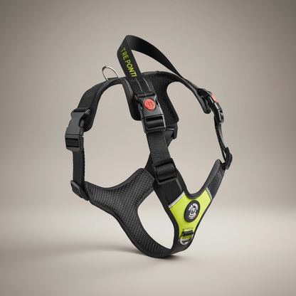 Lupiora Tre Ponti Harmonia Hundegeschirr in Schwarz mit neongelben Akzenten, reflektierend und ergonomisch