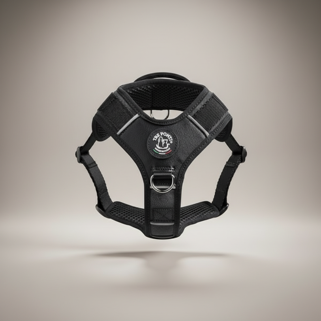 Lupiora Tre Ponti Harmonia Hundegeschirr in Schwarz mit reflektierenden Details, antibakteriellem Futter und Griff