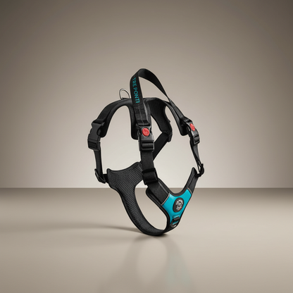 Lupiora TRE PONTI Harmonia Hundegeschirr in Schwarz und Türkis mit ergonomischem Design und reflektierenden Details