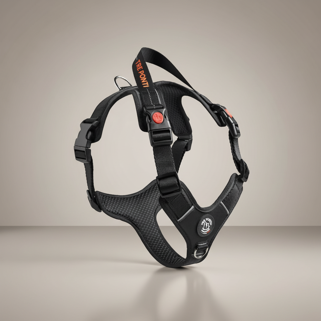 Lupiora Tre Ponti Harmonia Hundegeschirr in Schwarz mit reflektierenden Details, antibakteriellem Futter und Griff