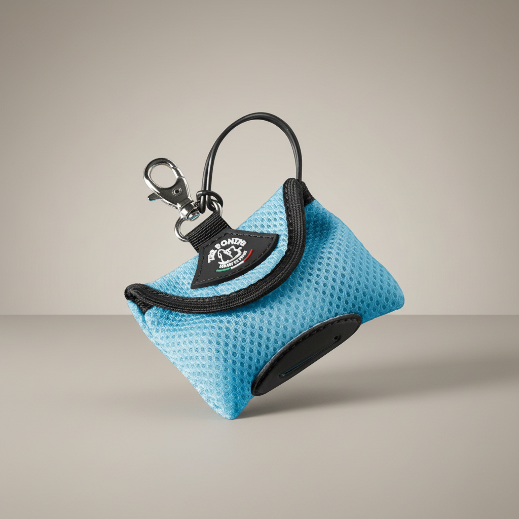 Lupiora TRE PONTI Easy-Clean Kotbeutelspender aus hellblauem Netzgewebe mit Karabiner und Gummischlaufe