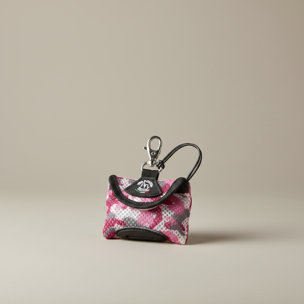 Lupiora TRE PONTI Easy-Clean Kotbeutelspender in Pink-Camouflage aus weichem Netzgewebe mit Karabiner