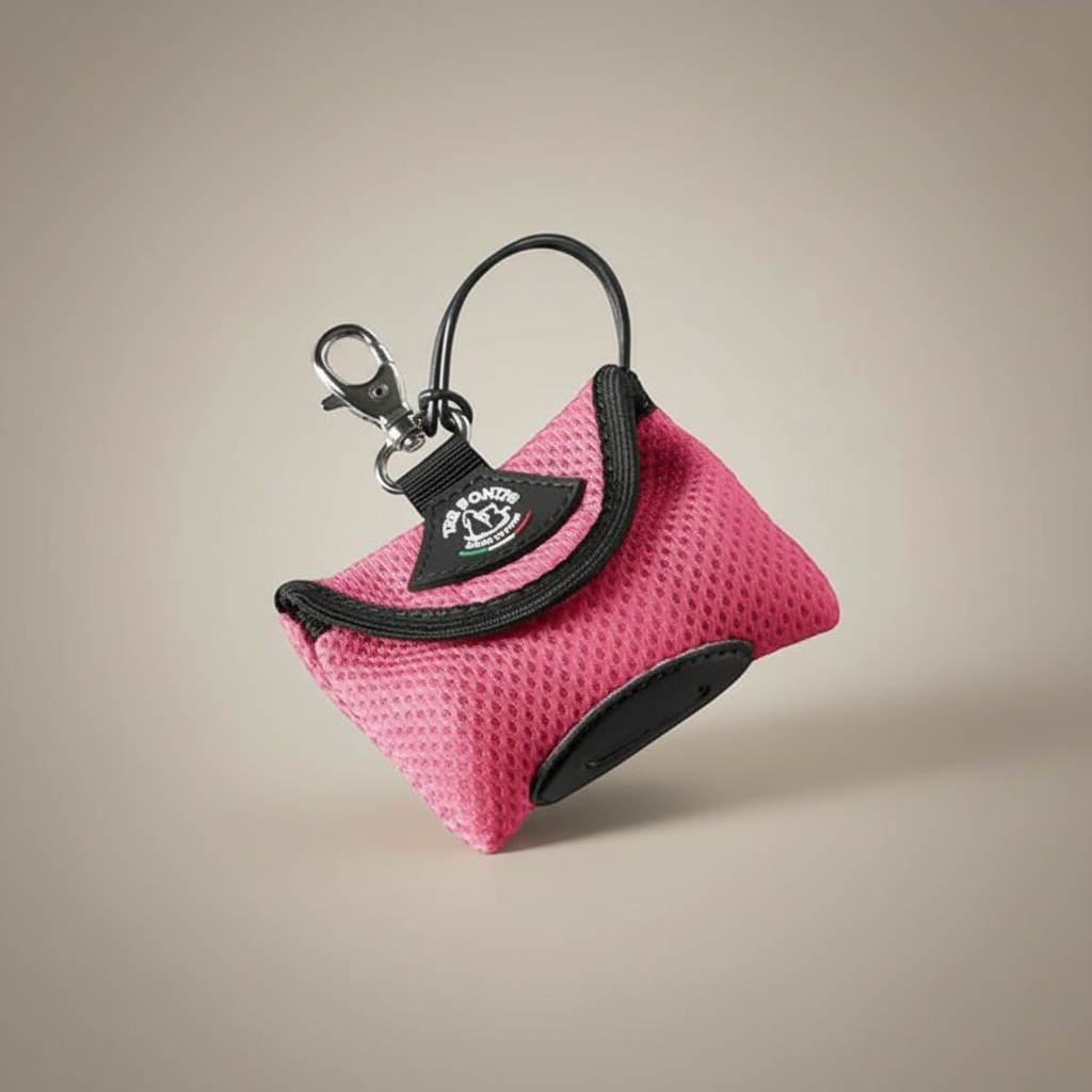 Lupiora TRE PONTI Easy-Clean Kotbeutelspender in Pink aus weichem Netzgewebe mit Karabiner und Gummischlaufe