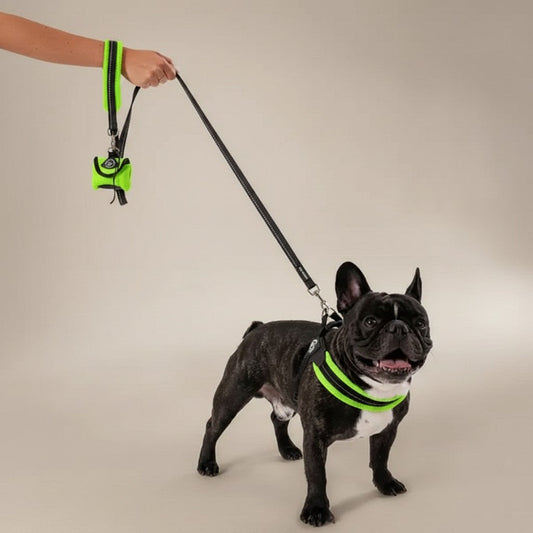 Lupiora Tre Ponti Mesh Hundeleine in Schwarz und Neon-Grün mit reflektierenden Details und passendem Kotbeutelspender