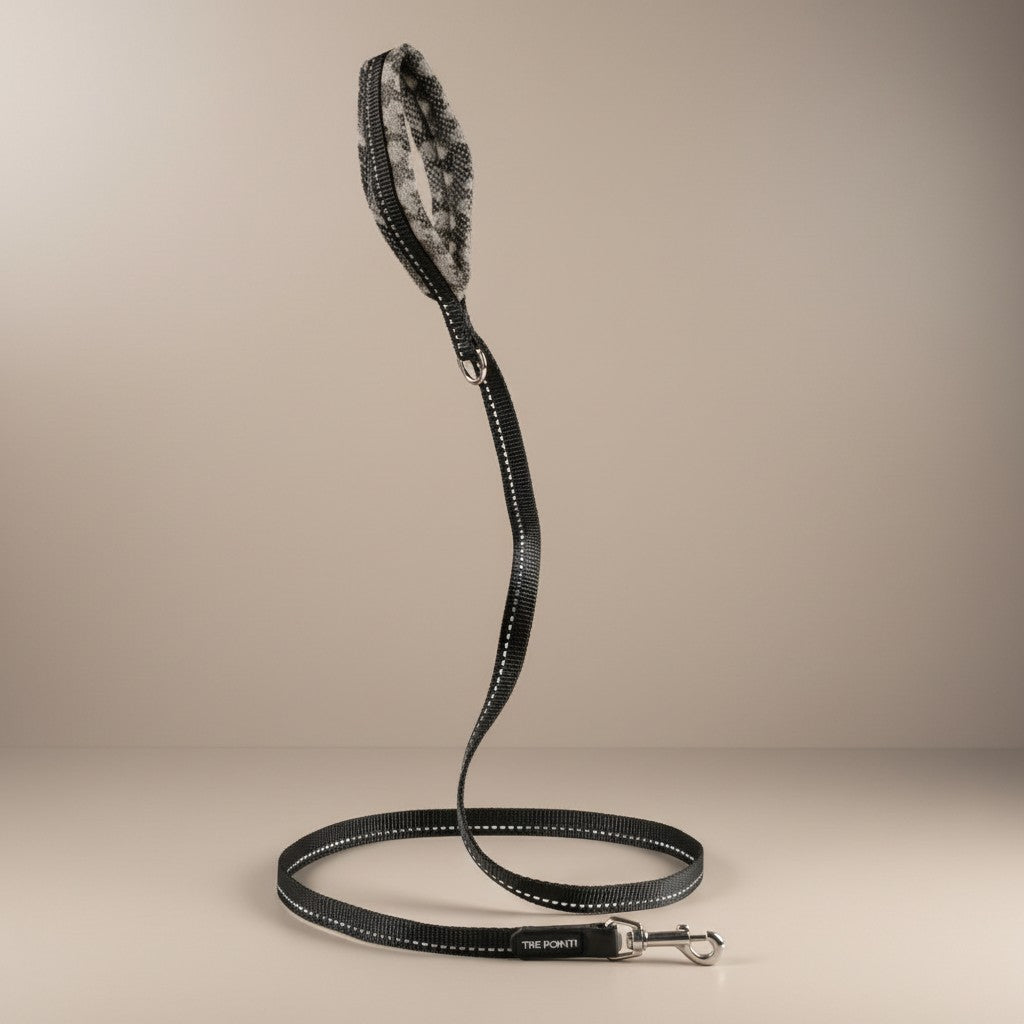 Lupiora Tre Ponti Mesh Hundeleine in Schwarz mit reflektierendem Band, weichem Netzgriff und robustem Metallkarabiner