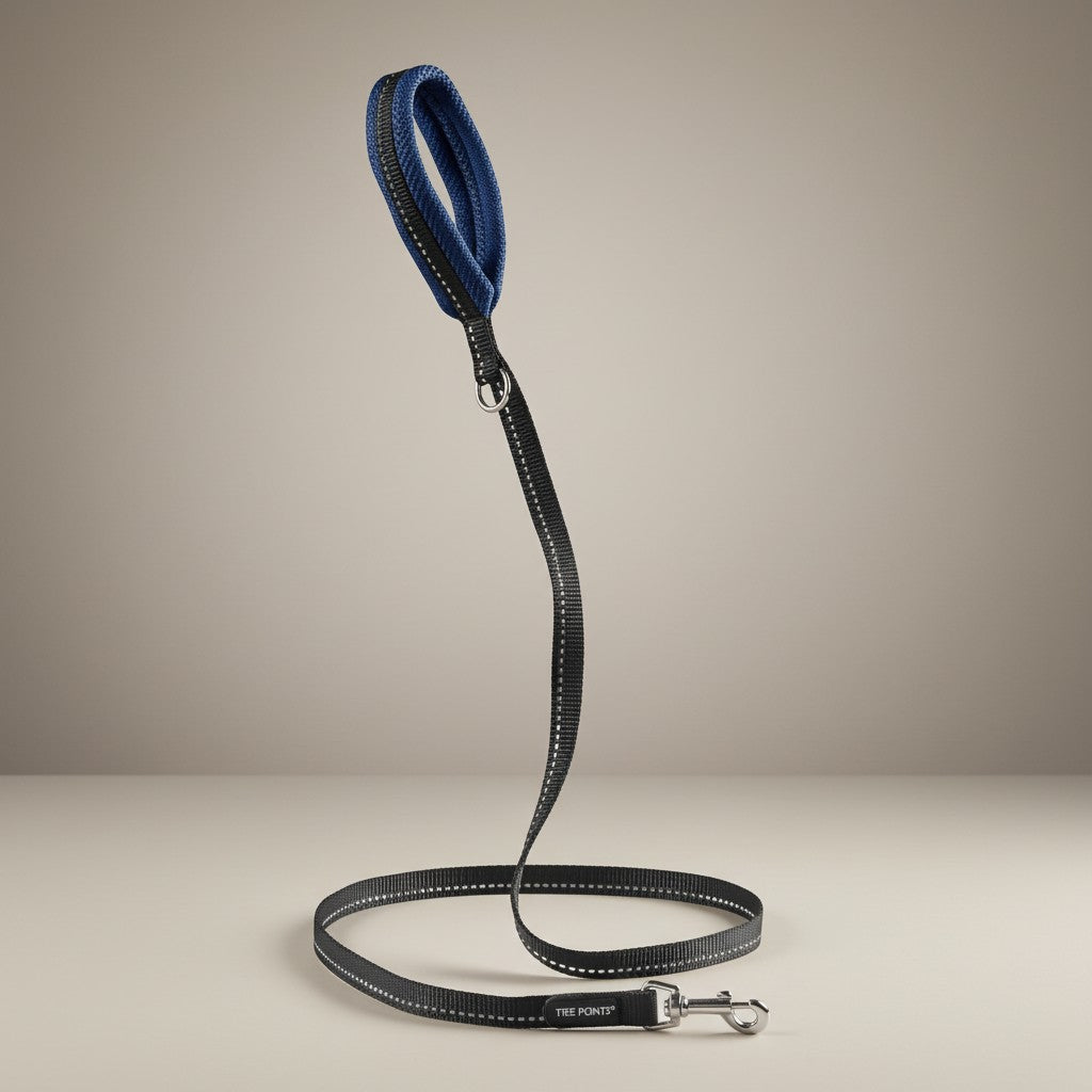 Lupiora Tre Ponti Mesh-Leine in Schwarz mit blauem Netzgriff, reflektierendem Band und robustem Metallkarabiner