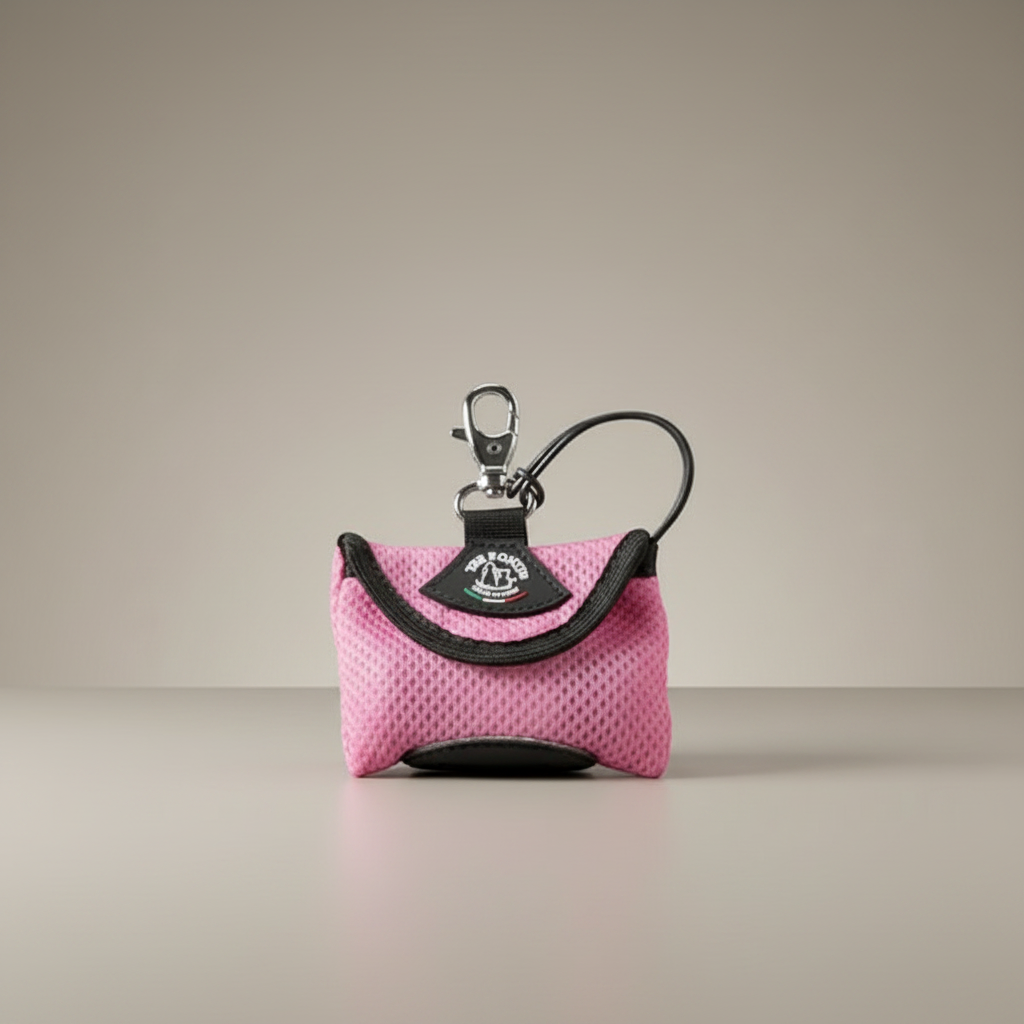 Lupiora TRE PONTI Easy-Clean Kotbeutelspender in Pink aus weichem Netzgewebe mit Karabiner zur Befestigung