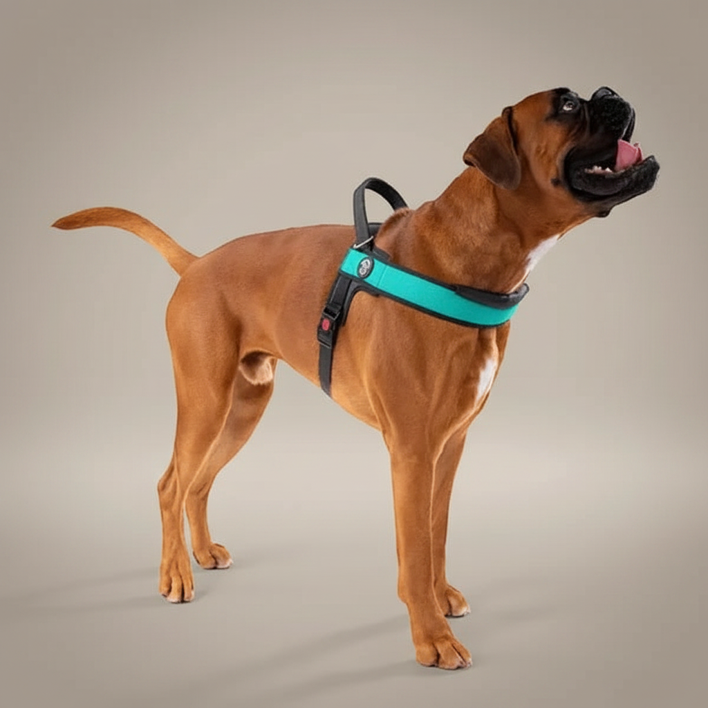 Lupiora TRE PONTI Primo PLUS Hundegeschirr in Türkis mit verstellbarem Riemen und Griff an einem Boxer