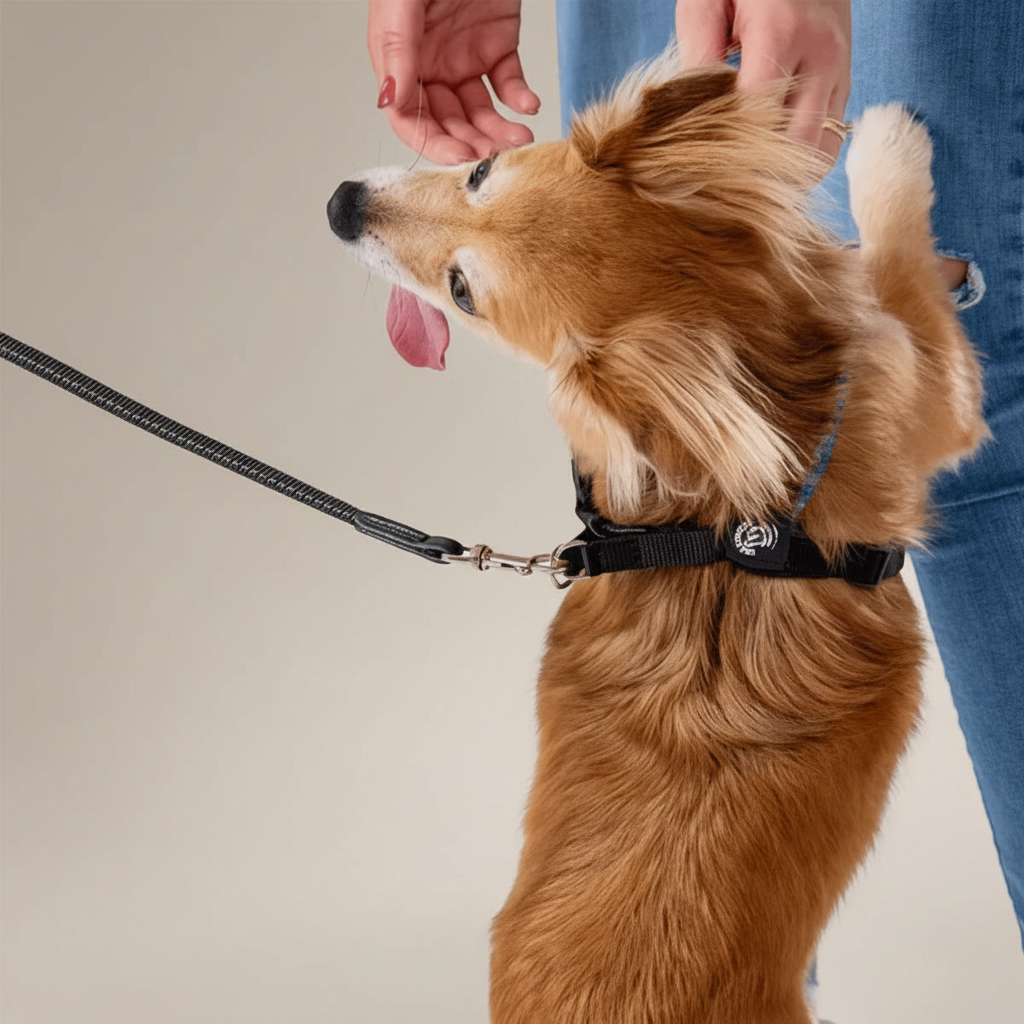 Lupiora Tre Ponti Classic reflektierende schwarze Hundeleine aus Schlauchgurtband mit Metallkarabiner an einem Hund
