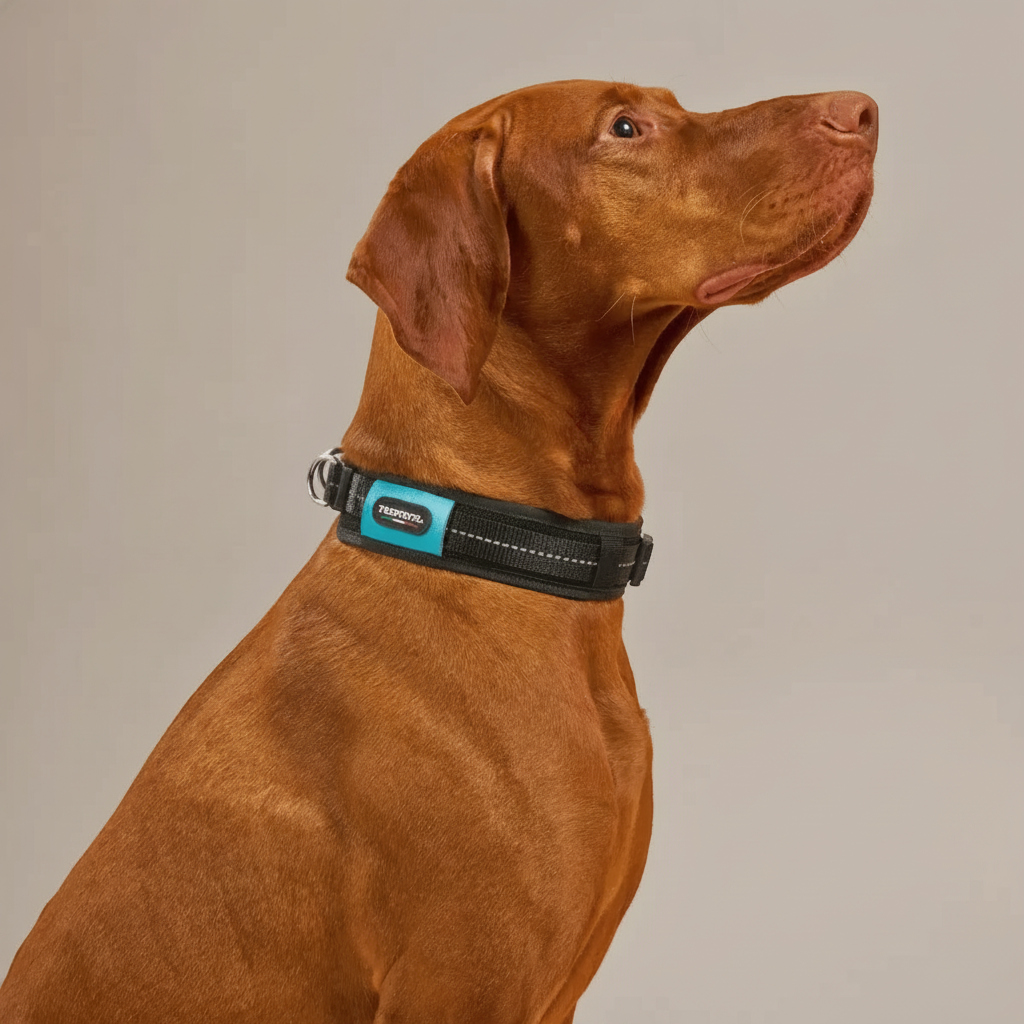 Lupiora TRE PONTI WILL Hundehalsband in Schwarz mit reflektierenden Details an einem Vizsla Hund